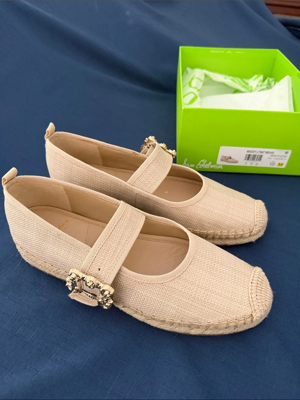 NWT Sam Edelman Beige Canvas Mary Jane Espadrilles with Jeweled Buckle